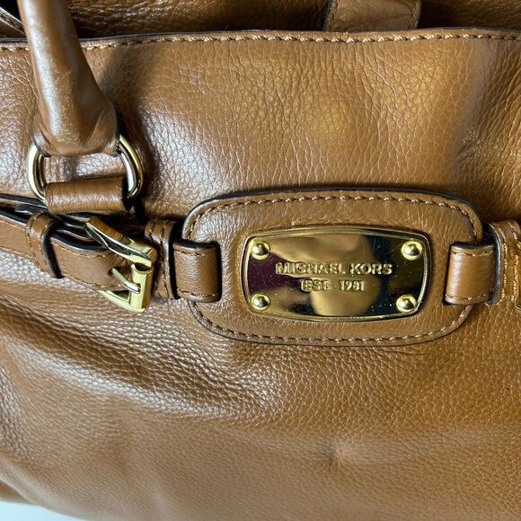Michael Kors Hamilton Caramel Brown Leather Belt Chain Detail Tote Satchel Bag - Picture 2 of 15
